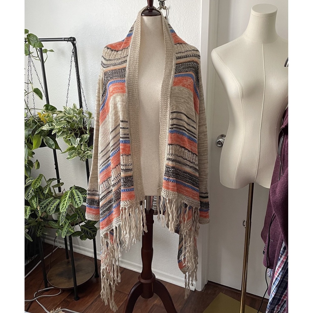 Umgee XL Boho Fringe Knit Cardigan Open Front Striped Southwestern Duster Wrap